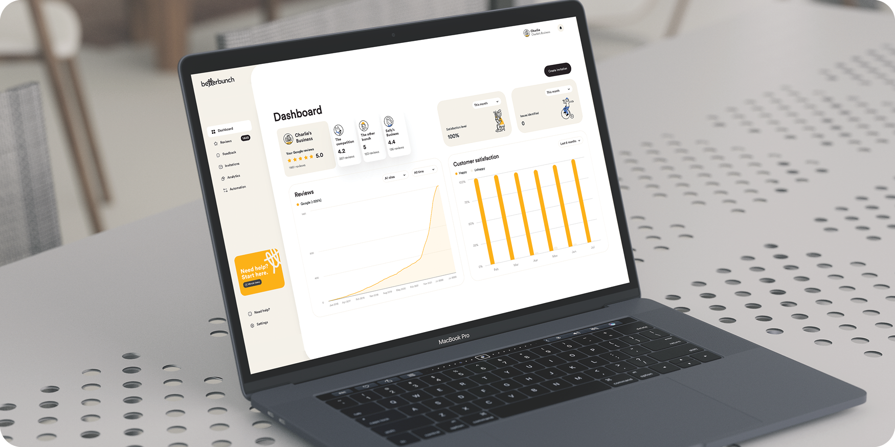 An image of a laptop on a desk, with the screen displaying the betterbunch app dashboard.